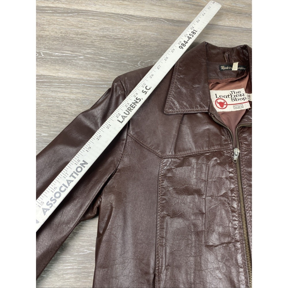 VTG Sears the Leather Shop Brown Leather Moto Jacket Sz 38 R - Picture 11 of 11